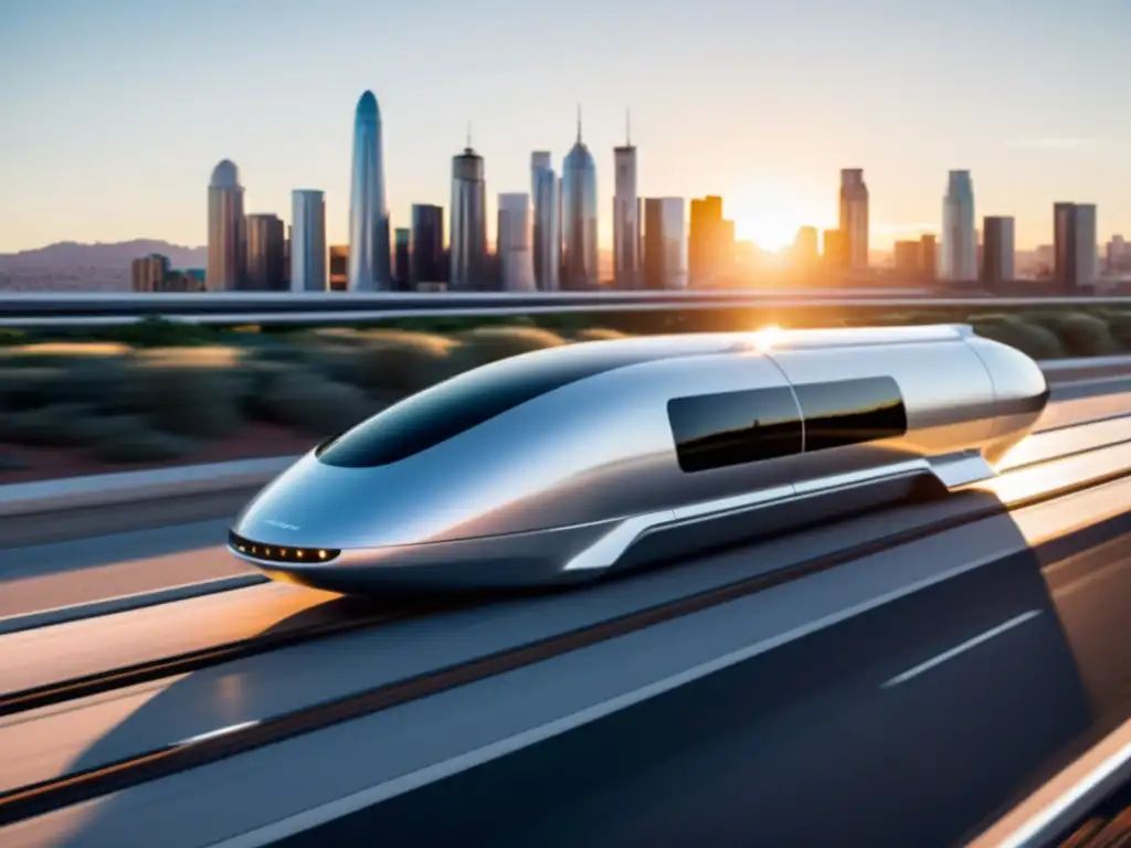 Un pod plateado de Hyperloop se desliza suavemente por una vía curva, con el sol poniéndose detrás, creando un aura cálida en este sistema de transporte futurista de alta velocidad