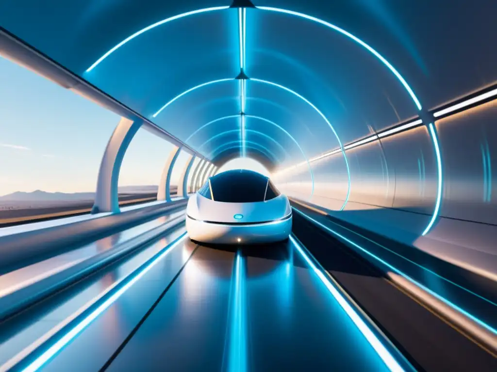 Un pod de Hyperloop surca un túnel futurista de alta tecnología con un resplandor azul tenue, resaltando el impacto ambiental tecnología Hyperloop