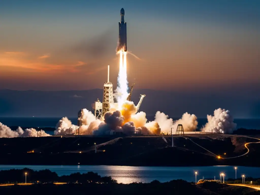 Deslumbrante lanzamiento del Falcon 9 de SpaceX en la noche El poderoso despegue nocturno de un cohete SpaceX Falcon 9 ilumina el cielo, destacando la innovación en la carrera espacial