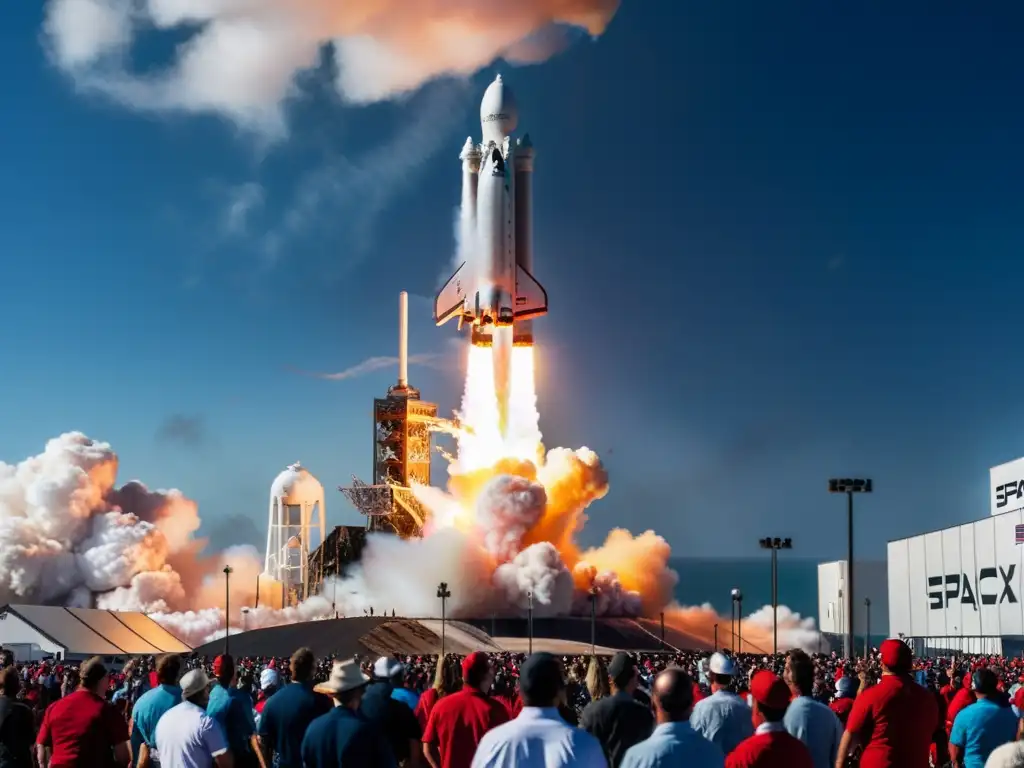 El poderoso lanzamiento del cohete Falcon Heavy de SpaceX, rodeado de una multitud emocionada y nubes de humo y fuego