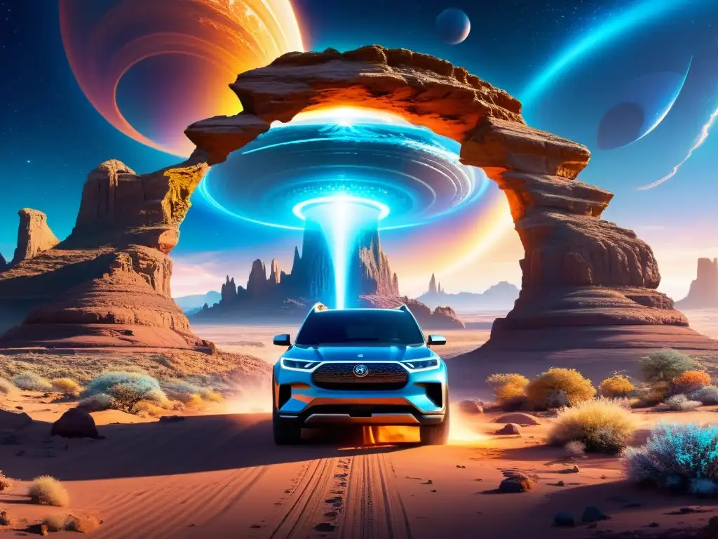 Vórtice interdimensional: Portal futurista a lo desconocido Un portal interdimensional multicolor rodeado de energía, con un vehículo futurista desapareciendo en la distancia