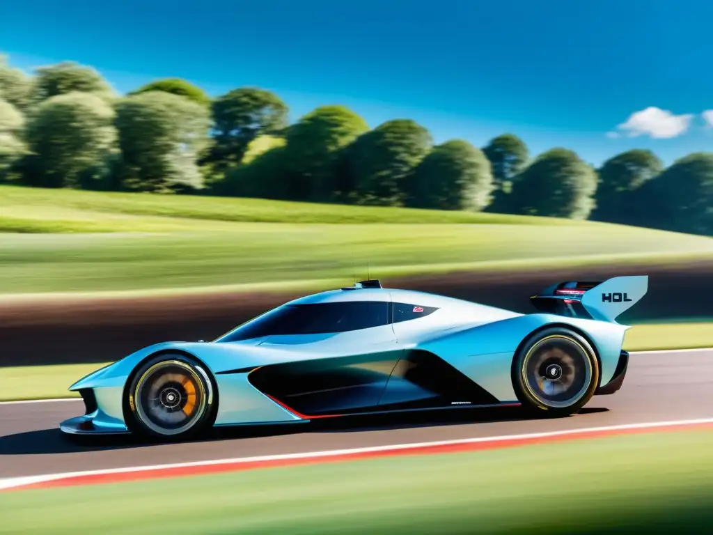 Potente auto eléctrico de carreras en pista, rodeado de vegetación y cielo azul