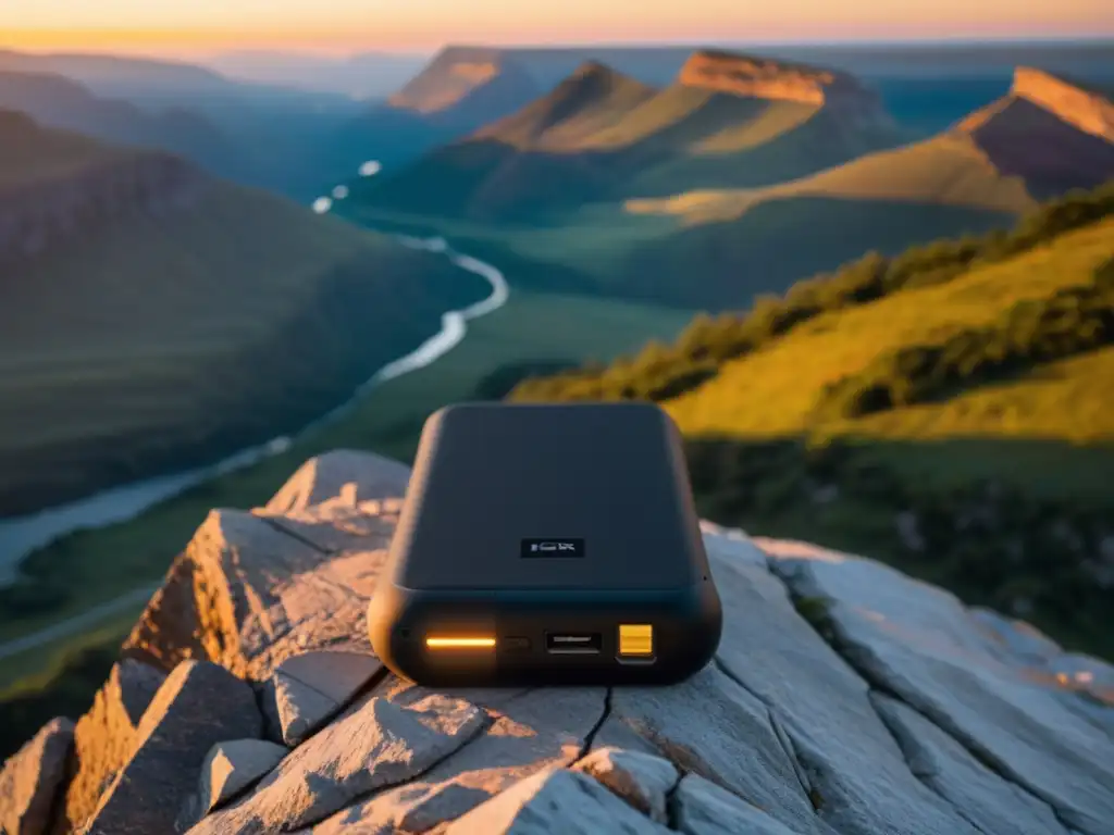 Un power bank negro descansa en un acantilado con vista a montañas al atardecer, transmitiendo confiabilidad y aventura en la naturaleza