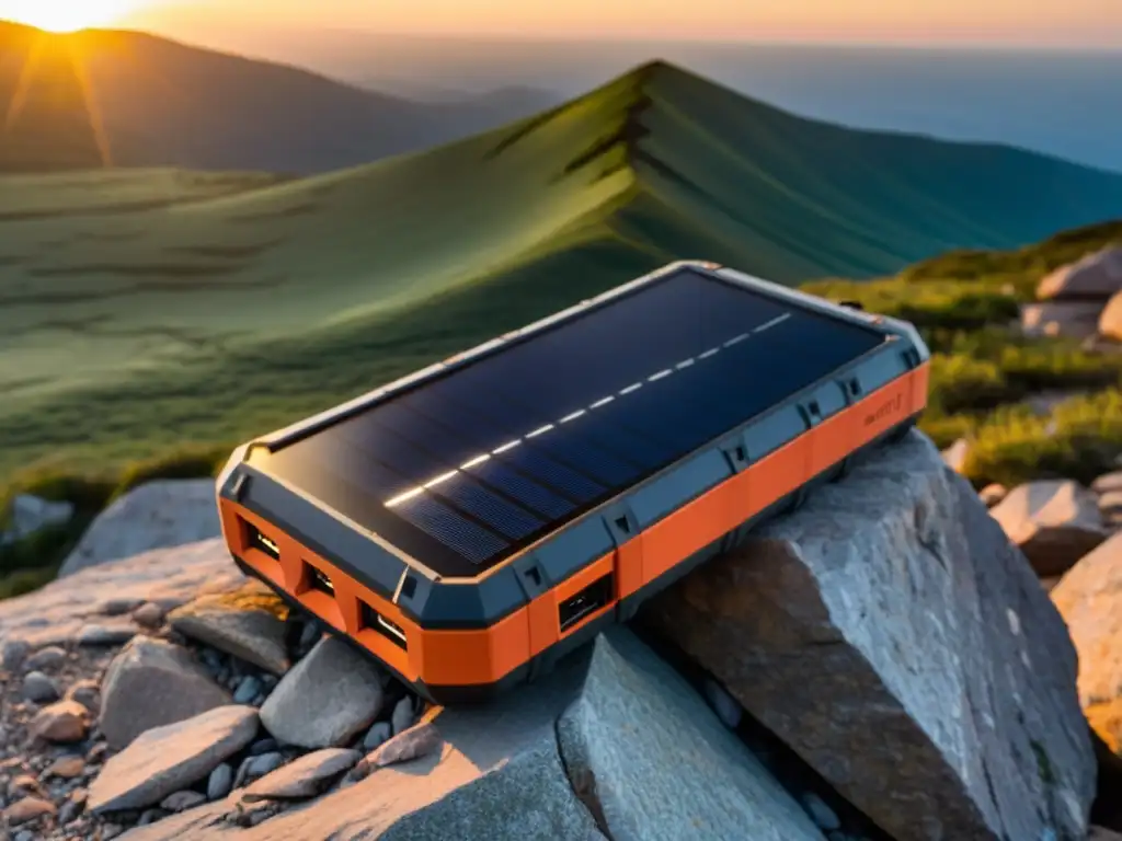 Un power bank solar resistente descansa sobre una cima rocosa al atardecer, cargándose para la próxima aventura