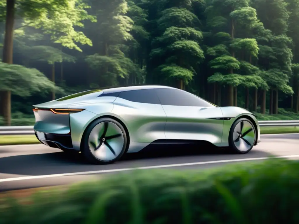 Diseño premium lujo sostenible: Un elegante coche eléctrico futurista resalta en un bosque exuberante, realzado por la suave luz natural entre los árboles