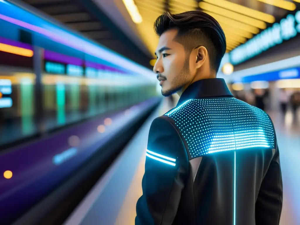 Prenda wearable tecnológica del futuro: una chaqueta inteligente con paneles LED integrados en las mangas, mostrando actualizaciones de transporte y pronósticos del tiempo, llevada por un viajero en una estación de tren bulliciosa, fusionando moda e innovación para el viajero moderno