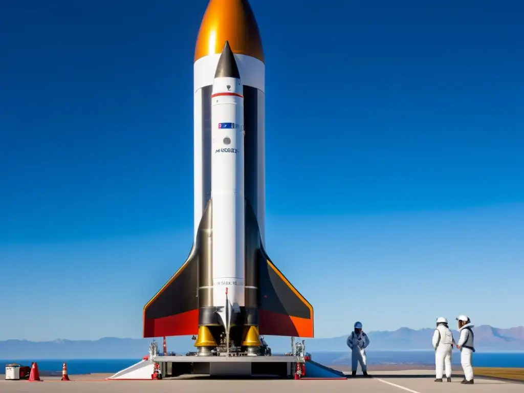 Preparación detallada de minicohete para lanzamiento en espacioport con cielo azul de fondo, mostrando acceso económico al espacio