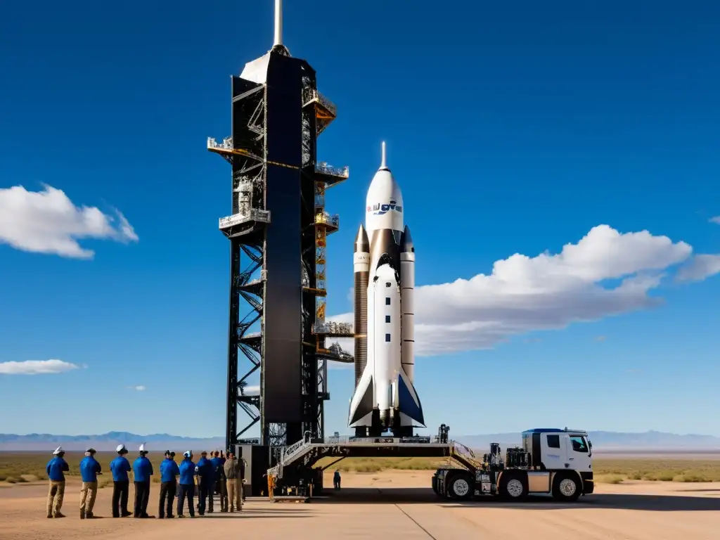 Preparativos para el lanzamiento histórico del cohete Blue Origin New Shepard, mostrando ingenieros y técnicos en el lanzamiento