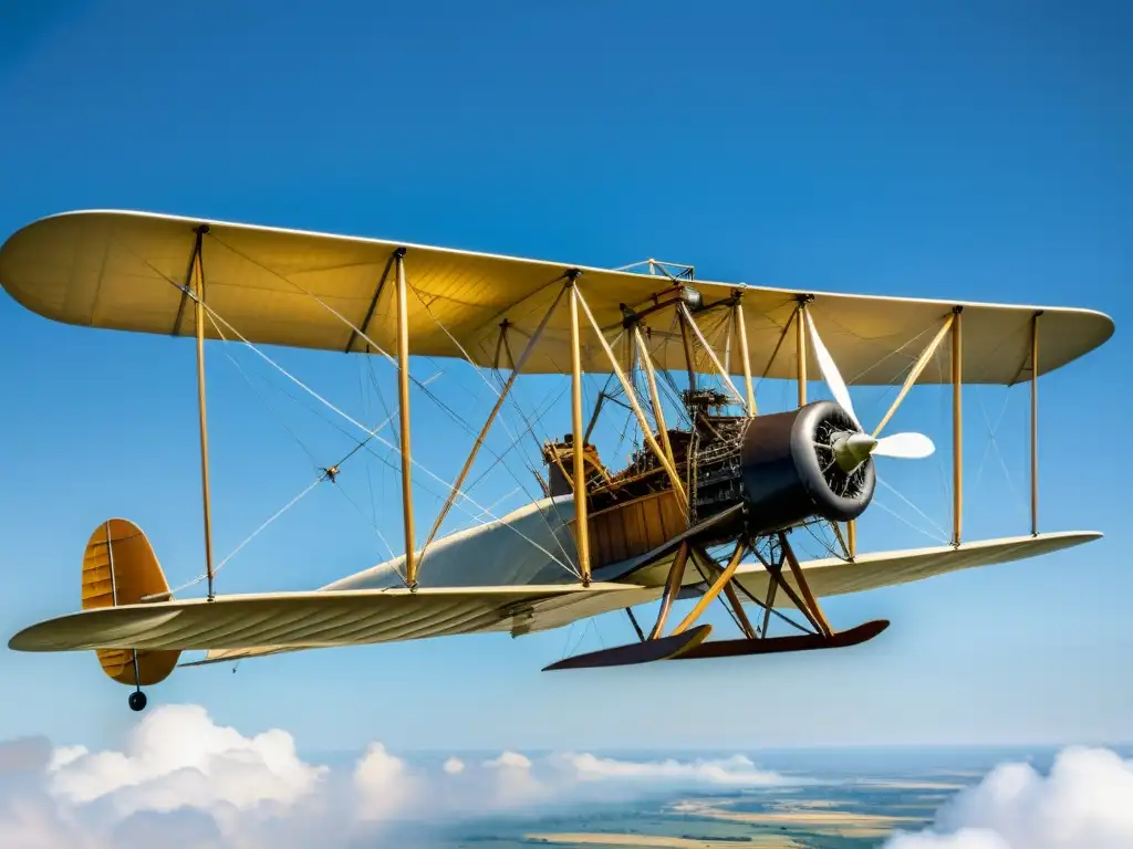 El primer avión exitoso, Wright Flyer, con detalles de su estructura de madera y alas de lona, motor y hélices primitivas