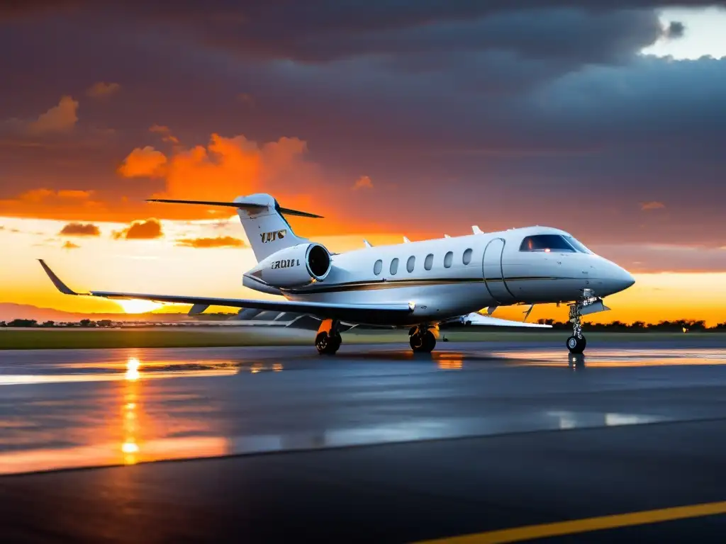 Aviación privada emergencias respuestas rápidas: Jet aterrizando al atardecer, equipo de emergencia en acción en pista remota