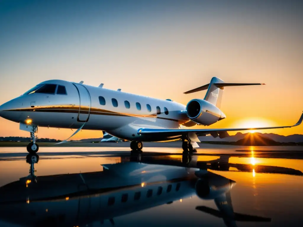 Aviación privada de lujo en atardecer dorado sobre pista impecable