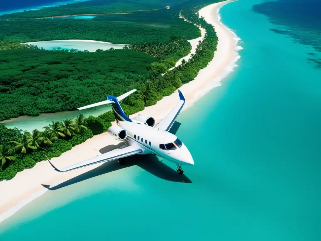 Aviación privada turismo lujo: Aterrizaje elegante de jet privado en paraíso tropical