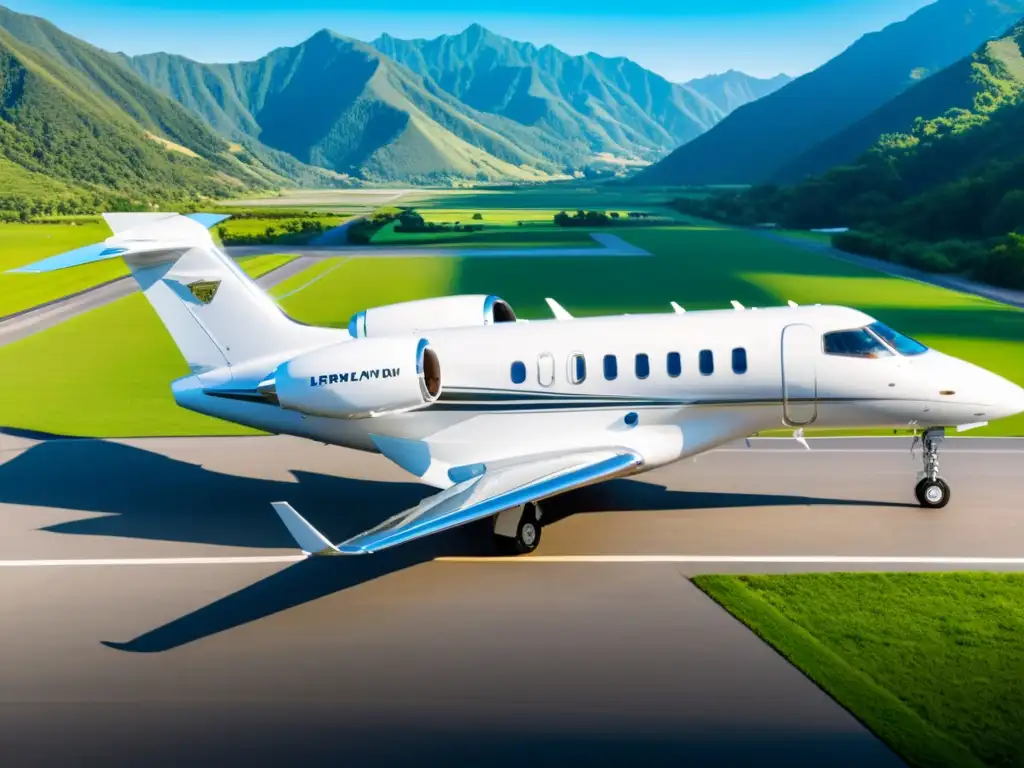 Aviación privada turismo lujo: Elegante jet privado en pista rodeado de montañas verdes y cielo azul, evocando exclusividad y sofisticación