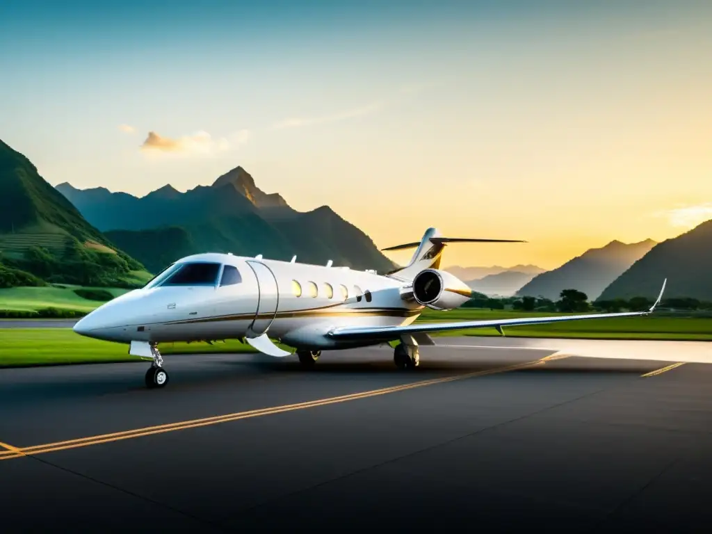 Aviación privada de lujo en un entorno natural exuberante al atardecer