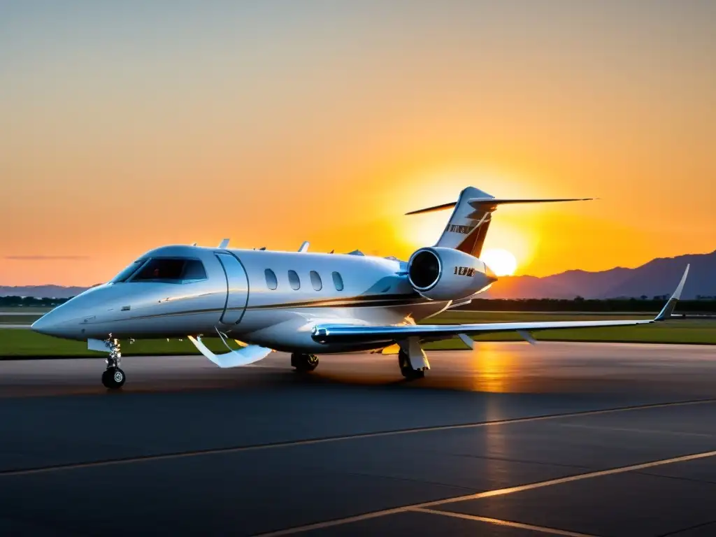 Aviación privada de lujo: un jet en la pista al atardecer, reflejando el sol en un aeropuerto lujoso, con elegantes pasajeros abordando