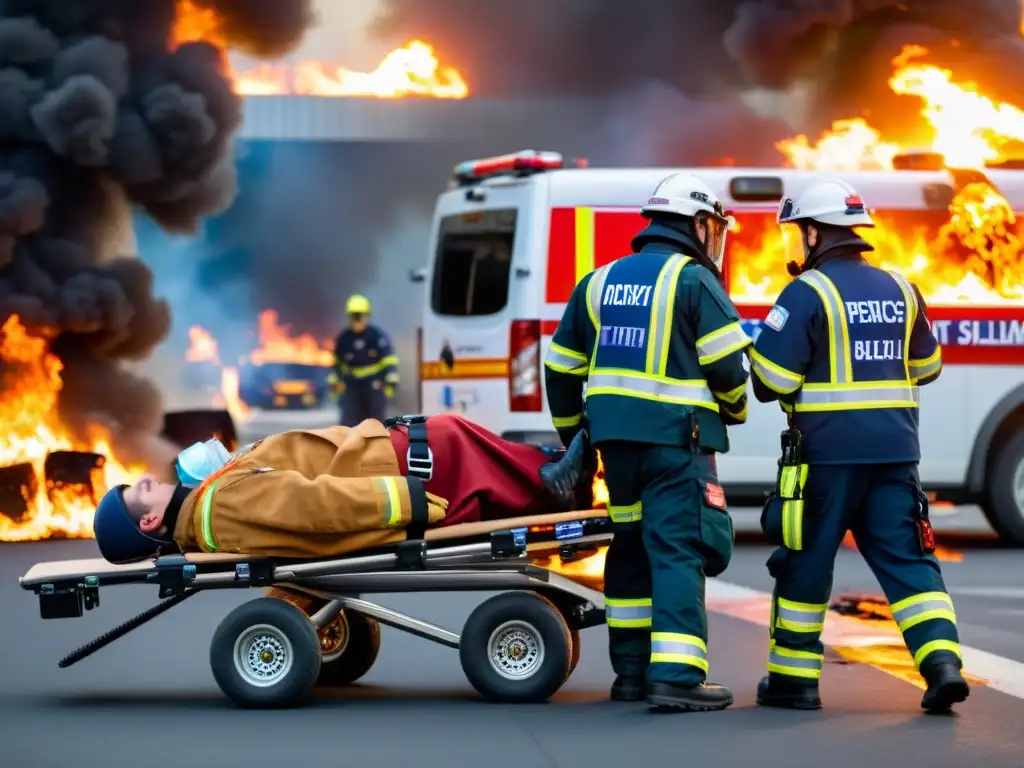 Profesionales de emergencia en simulación de transporte situaciones críticas, atendiendo a heridos con vehículo en llamas al fondo