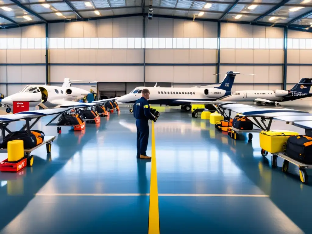 Profesionales inspeccionan equipos de emergencia aeronáuticos alturas extremas en hangar iluminado con aviones en preparación