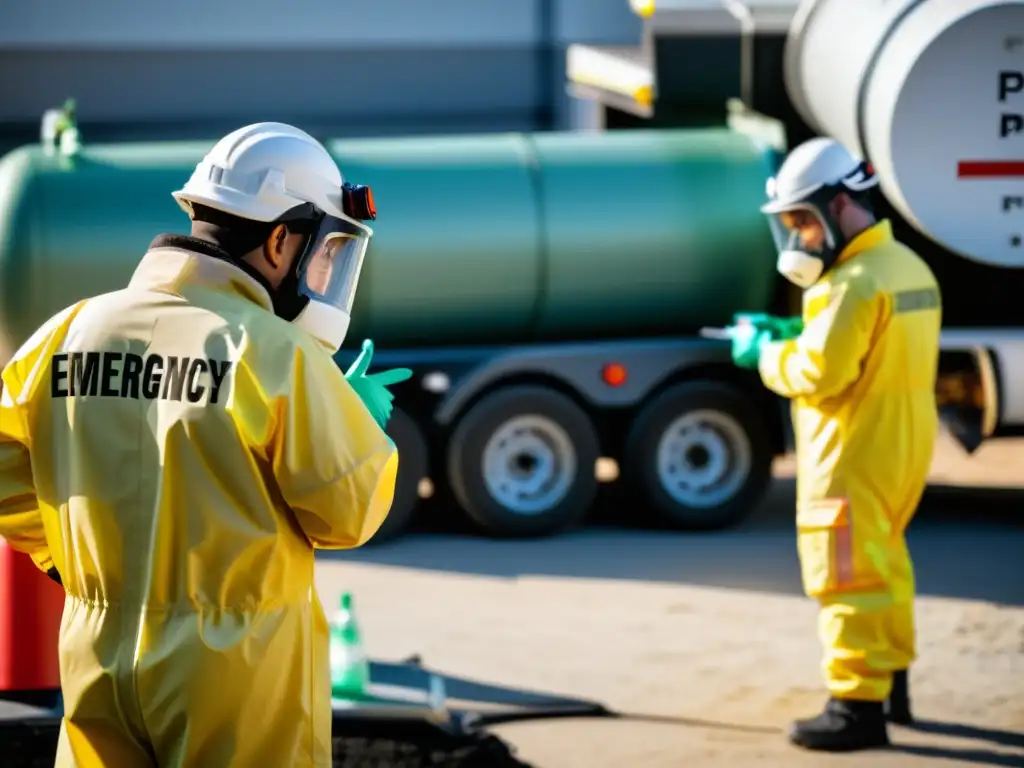 Profesionales en trajes de hazmat inspeccionan con precisión un derrame químico, siguiendo protocolos de actuación emergencias mercancías peligrosas