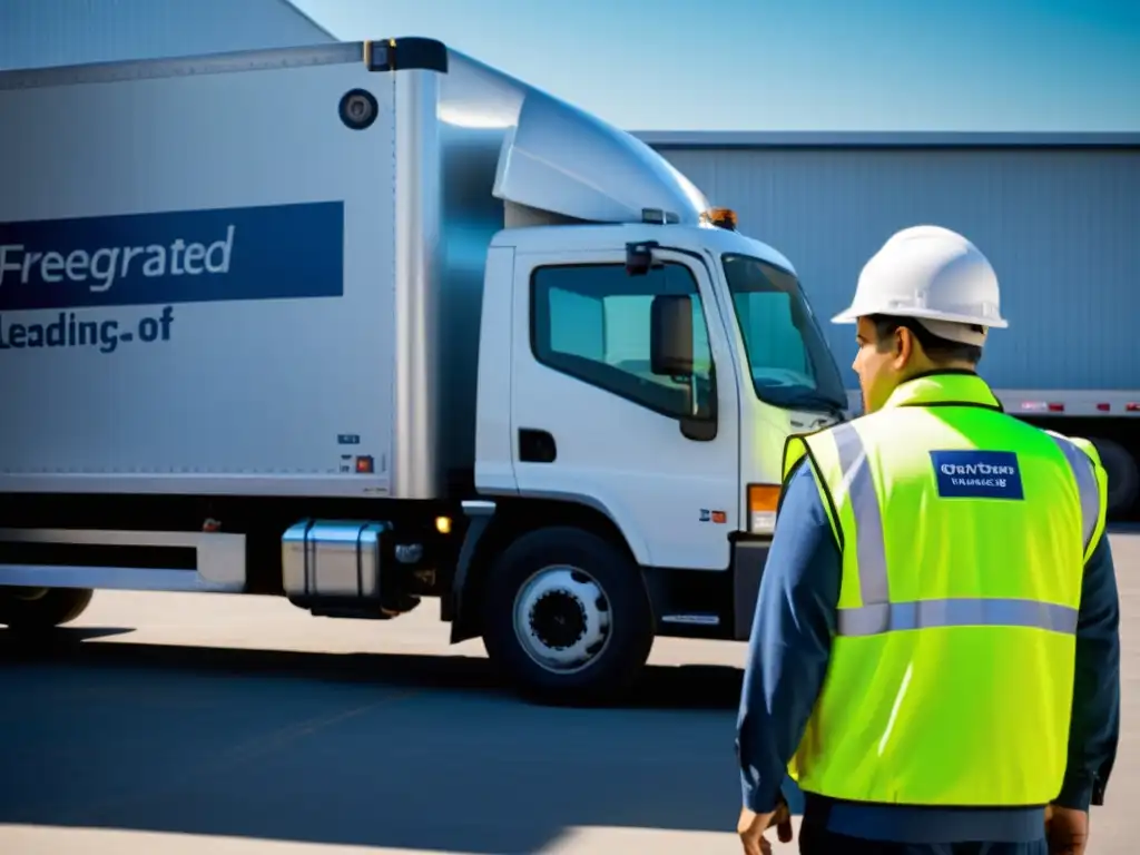 Inspección profesional de camión refrigerado en muelle de carga Profesionales verifican unidad de refrigeración en camión de transporte refrigerado, destacando la importancia de coberturas seguros transporte refrigerado