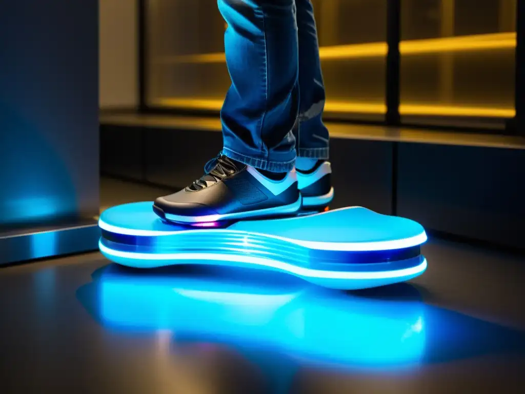 Prototipo de hoverboard futurista en laboratorio de alta tecnología, emitiendo suave brillo azul