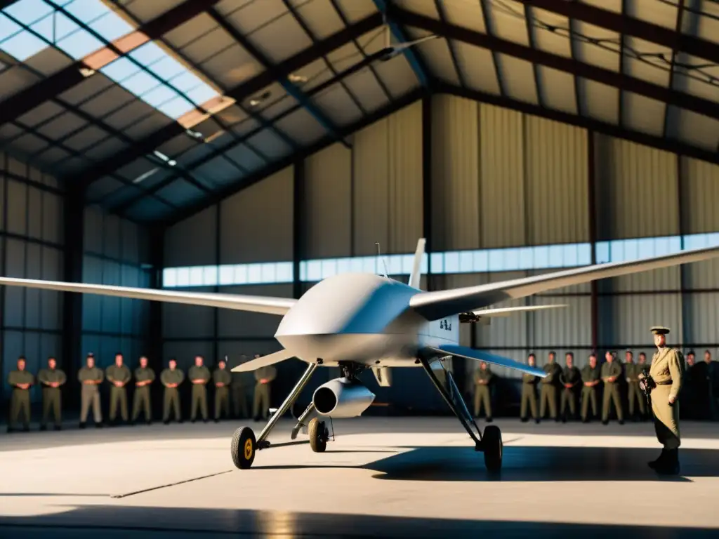 Prototipo de UAV vintage en hangar histórico con personal uniformado, evolución de los UAV en transporte