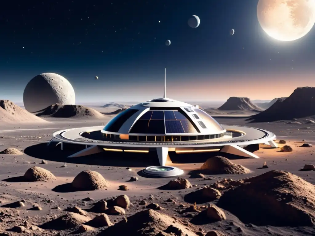 Proyecto de desarrollo de turismo lunar: base futurista con estructuras metálicas, vehículos espaciales y actividad humana en la luna