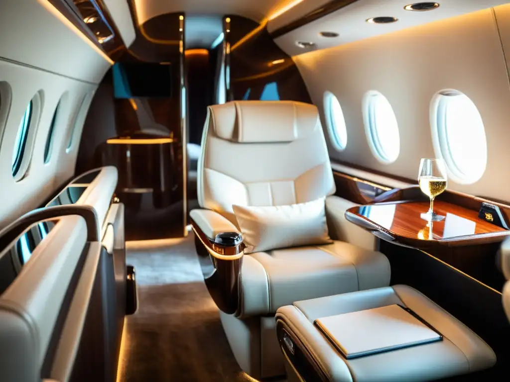 Psicología del viaje en jet privado: Interior lujoso con asientos de cuero, madera pulida y ambiente exclusivo con copa de champán y auriculares