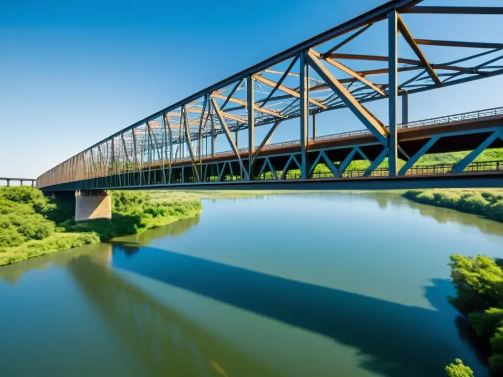 Un puente de acero sobre un río, con naturaleza exuberante y vida silvestre