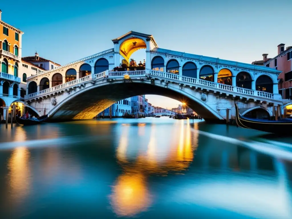 Puente de Venecia comercio marítimo: el icónico Puente de Rialto bañado por la cálida luz del sol, reflejando la actividad comercial en el Gran Canal