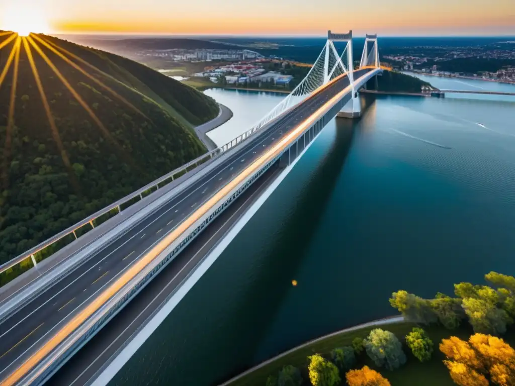 Un puente moderno de diseño intrincado se integra perfectamente en el paisaje, resaltando la importancia de los puentes en transporte terrestre