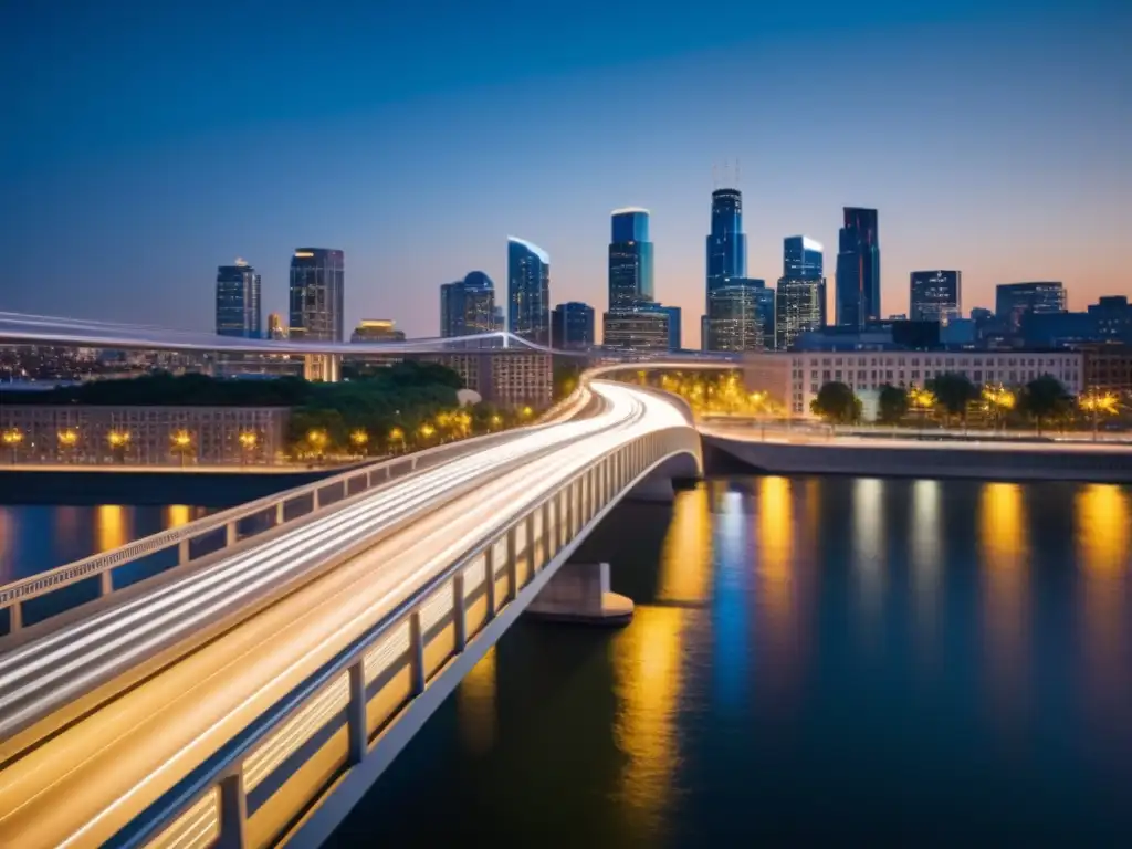 Un puente moderno se integra armoniosamente al entorno urbano, resaltando su diseño impactante