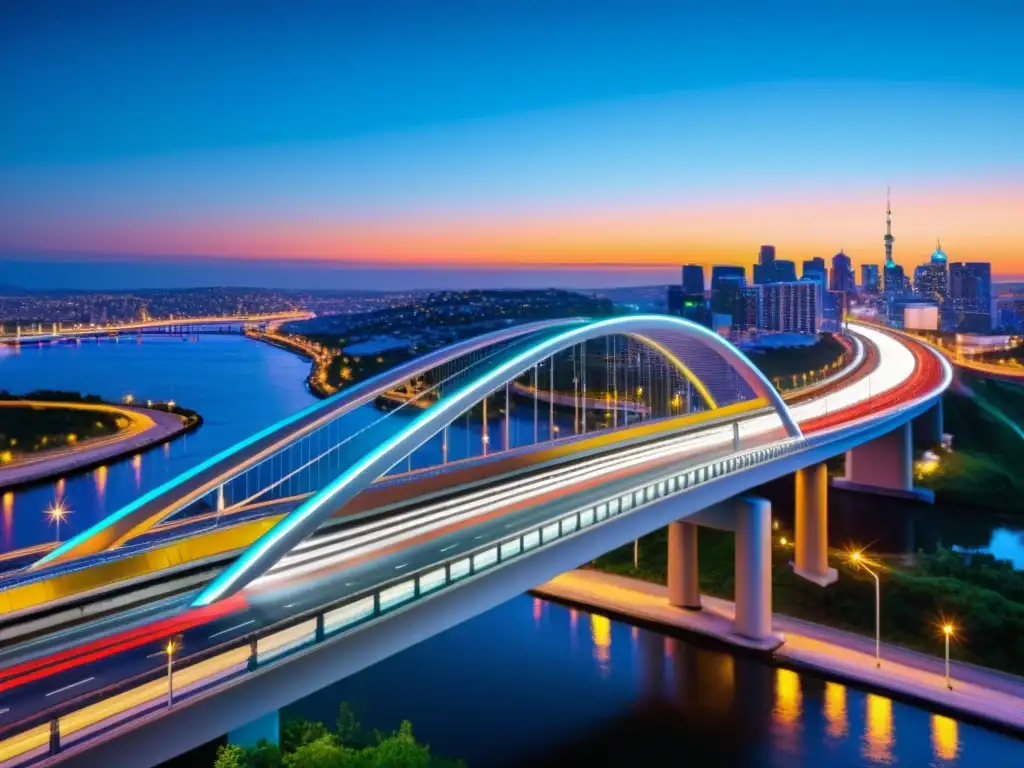 Puente moderno iluminado con luces LED multicolores al anochecer, con tecnología avanzada integrada