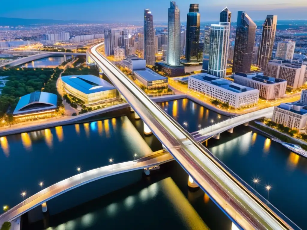 Puentes peatonales urbanos: belleza en movimiento Puentes peatonales en ciudades modernas: Red de elegantes pasarelas conectando rascacielos, con gente cruzando y luces de la ciudad