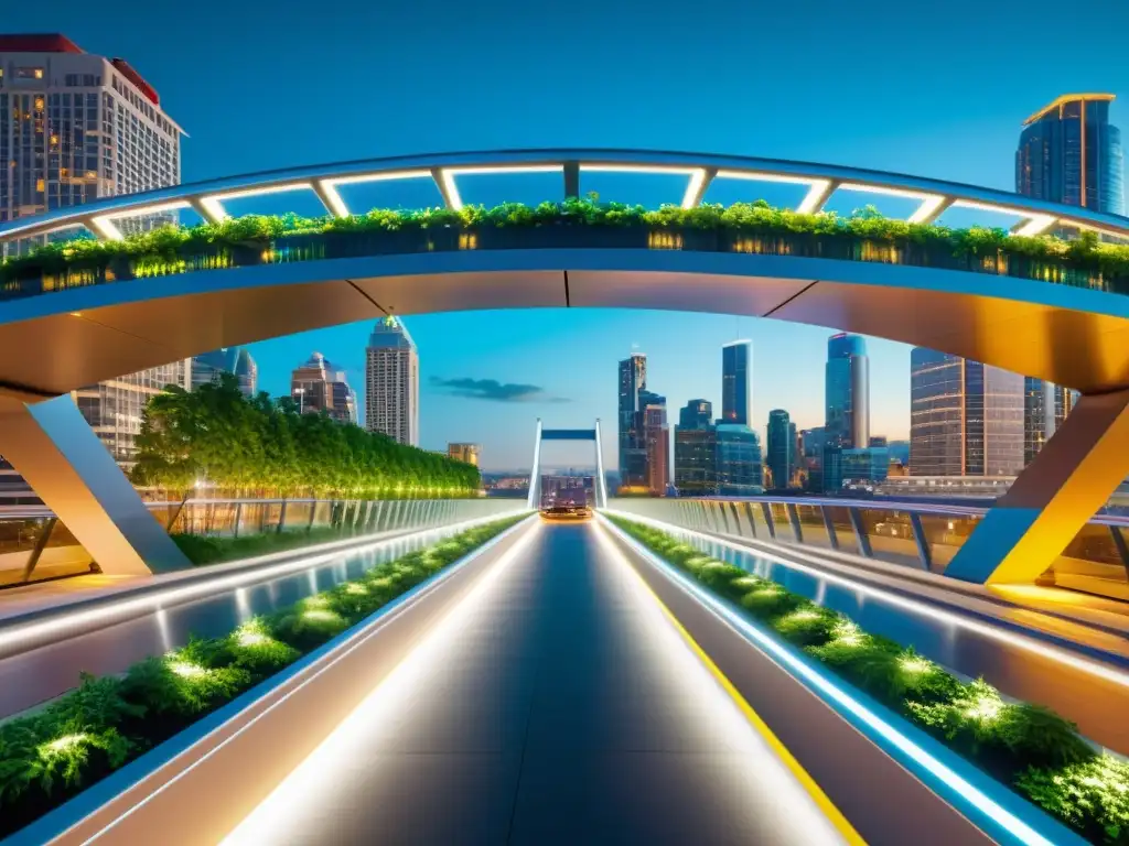 Puente peatonal futurista en paisaje urbano vibrante Puentes peatonales en ciudades modernas: Un puente futurista y moderno se eleva sobre un paisaje urbano vibrante, con diseño innovador y vegetación