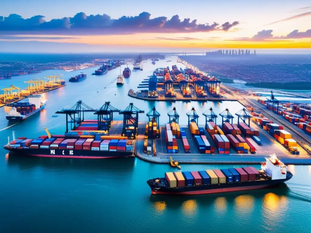 Un puerto bullicioso al atardecer, con barcos y grúas descargando contenedores