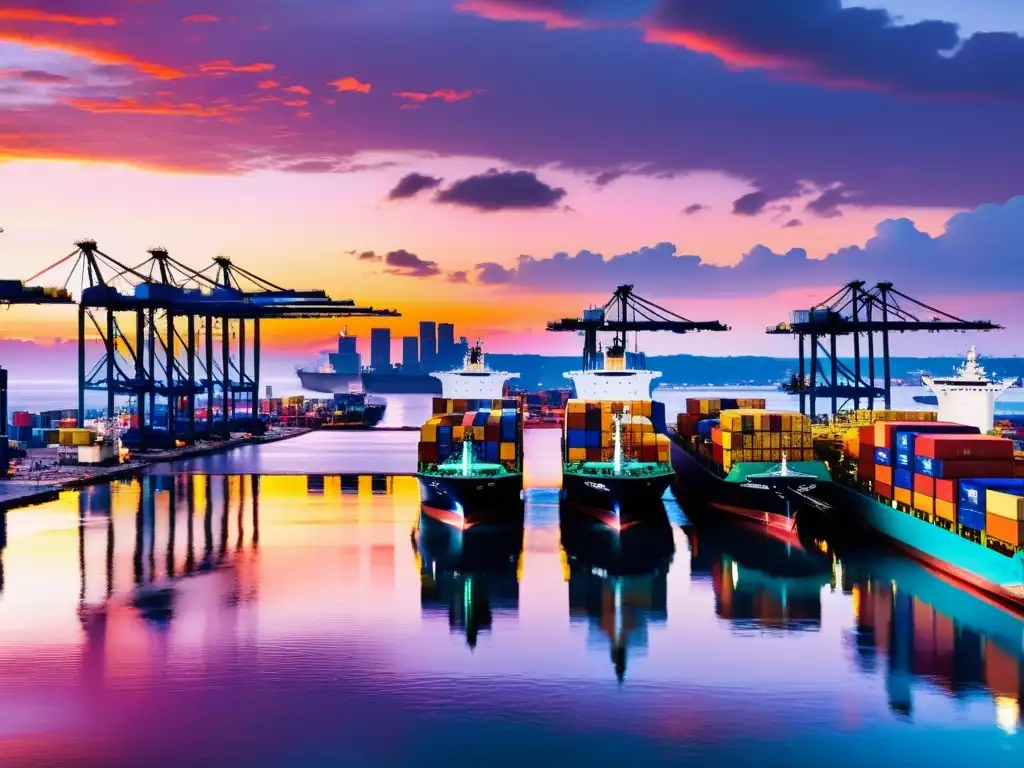 Un puerto bullicioso al atardecer, con barcos de colores y grúas descargando un enorme buque