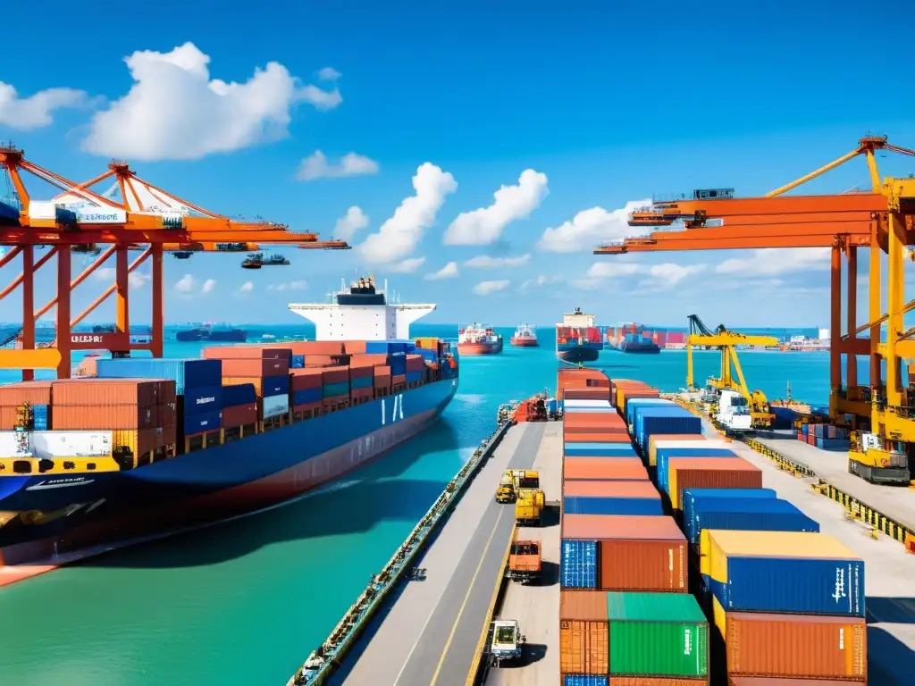 Un puerto bullicioso con barcos de carga, grúas y trabajadores bajo un cielo azul