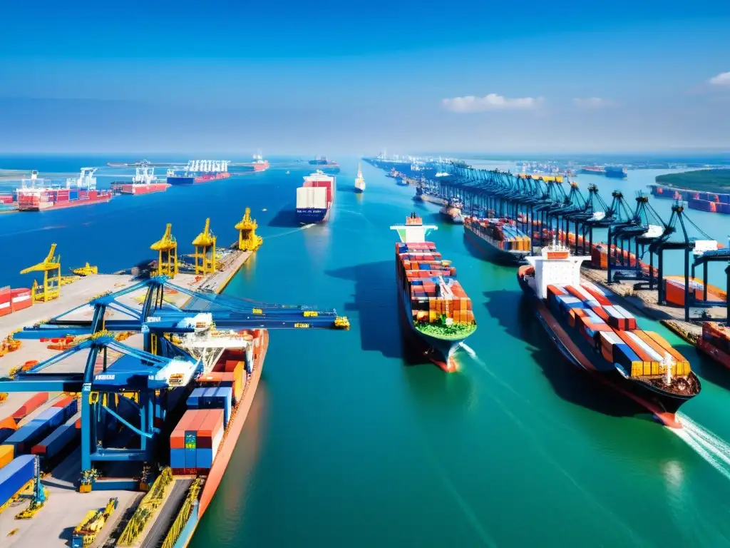 Un puerto bullicioso con barcos cargueros y grúas, reflejando la complejidad del transporte marítimo