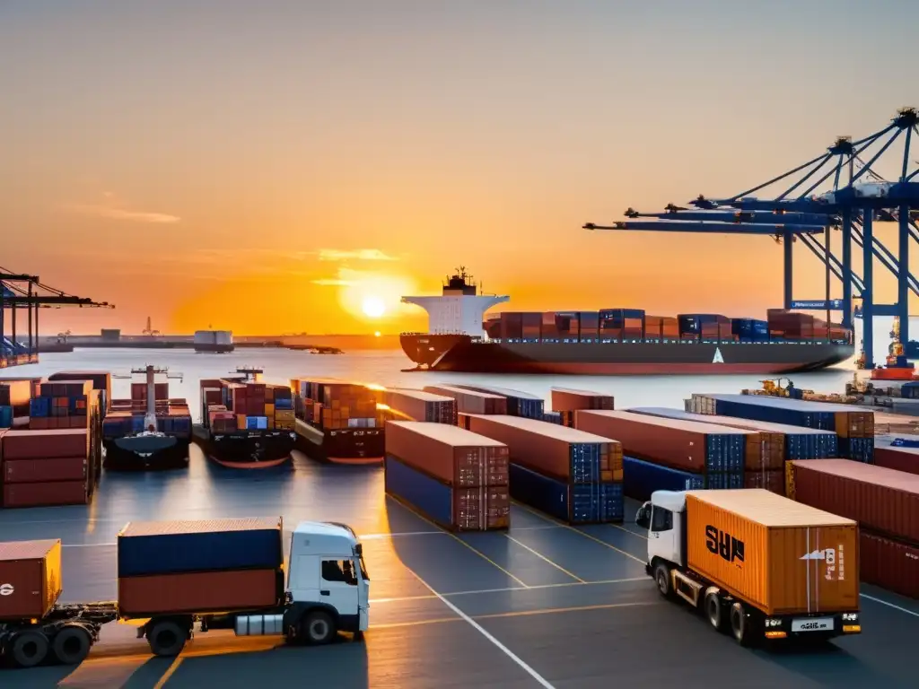 Portuario eficiente: carga y descarga al atardecer Un puerto bullicioso con barcos cargueros, trabajadores moviendo contenedores y un atardecer cálido