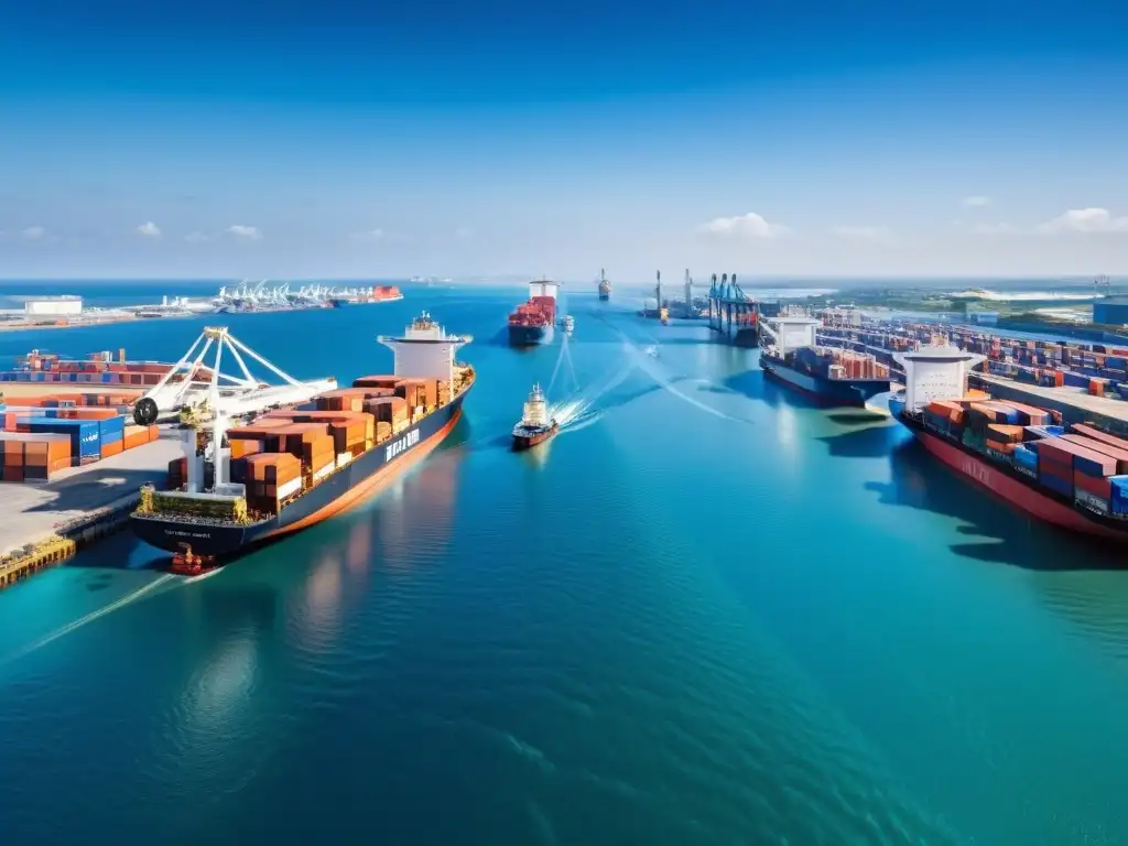 Un puerto bullicioso con barcos grandes y pequeños, grúas industriales y actividad marítima