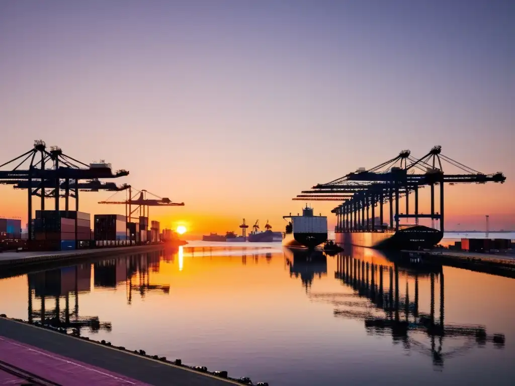 Un puerto bullicioso al amanecer, con grúas cargando y descargando barcos