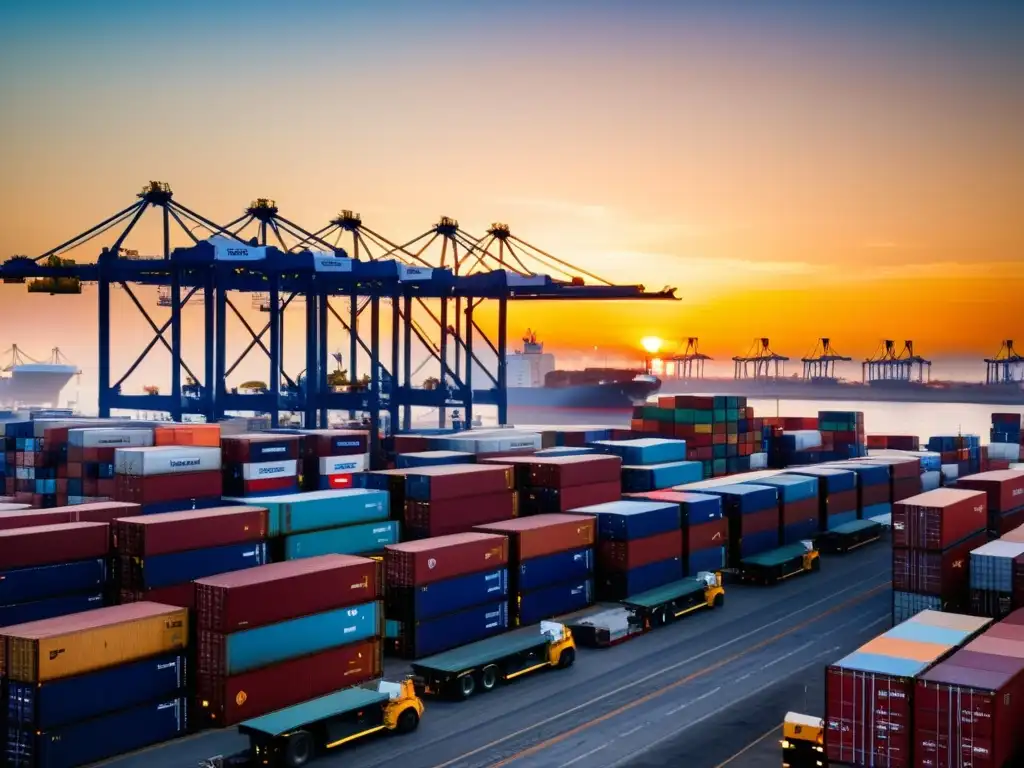 Puerto bullicioso: contraste entre industria y belleza al atardecer Un puerto bullicioso con enormes barcos de carga descargando contenedores, rodeado de grúas, camiones y trabajadores ocupados
