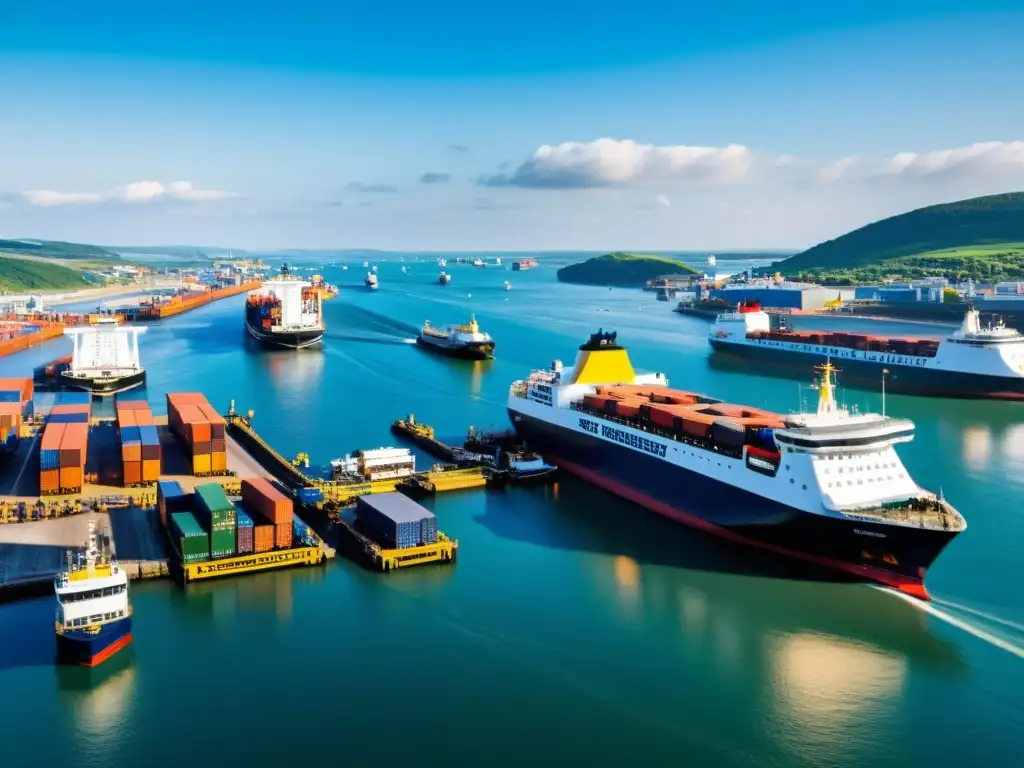 Un puerto bullicioso con ferries de distintos tamaños y diseños, reflejando la historia y evolución del transporte marítimo