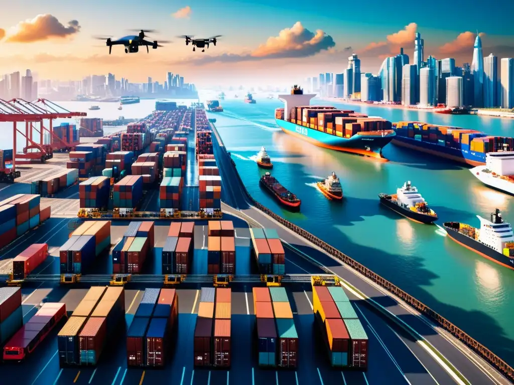Portuario del futuro: blockchain conecta transporte Un puerto bullicioso lleno de barcos de carga, rodeado de rascacielos futuristas y actividad frenética con vehículos autónomos, ilustrando la adopción del blockchain en transporte