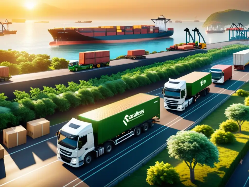 Puerto de carga sostenible: ecotransporte en acción Un puerto de carga activo con vehículos de transporte sostenible, rodeado de vegetación y energía renovable