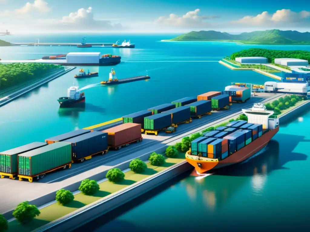 Porto de carga futurista: sostenible y eficiente Un puerto de carga futurista bullicioso con sistemas de carga y descarga automatizados, camiones eléctricos y fuentes de energía renovable