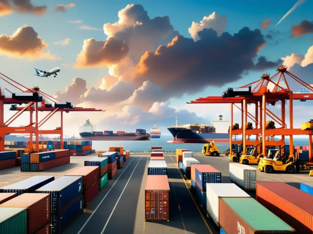 Portuario activo: carga y descarga de contenedores con grúas Un puerto concurrido donde se cargan y descargan barcos, grúas imponentes y almacenes industriales