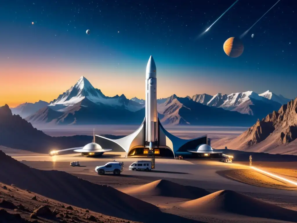 Un puerto espacial futurista entre montañas, naves espaciales listas para el despegue bajo un cielo estrellado