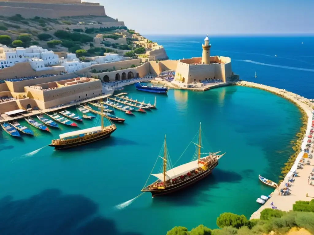 Un puerto fenicio antiguo bullicioso con barcos mercantes coloridos descargando bienes exóticos, mientras comerciantes negocian bajo el faro