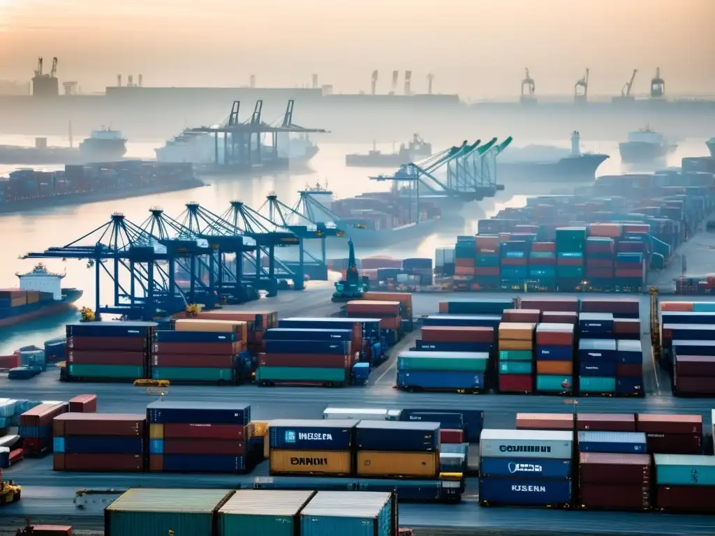 Un puerto industrial bullicioso con barcos de carga, grúas, camiones y trenes, envuelto en una bruma evocadora